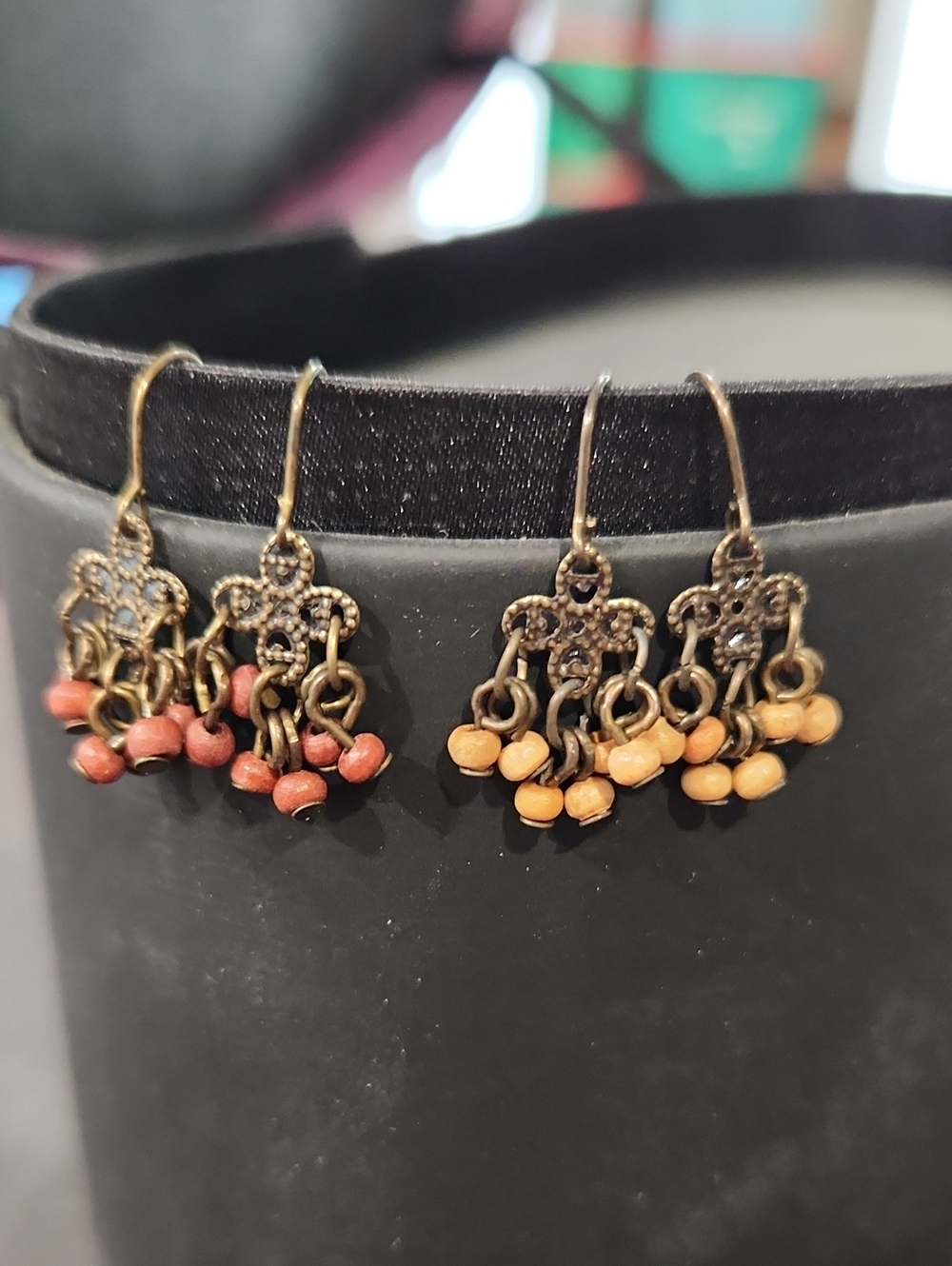 Vintage-Inspired Dangle Earrings with Red and Tan Beads 2 Pairs